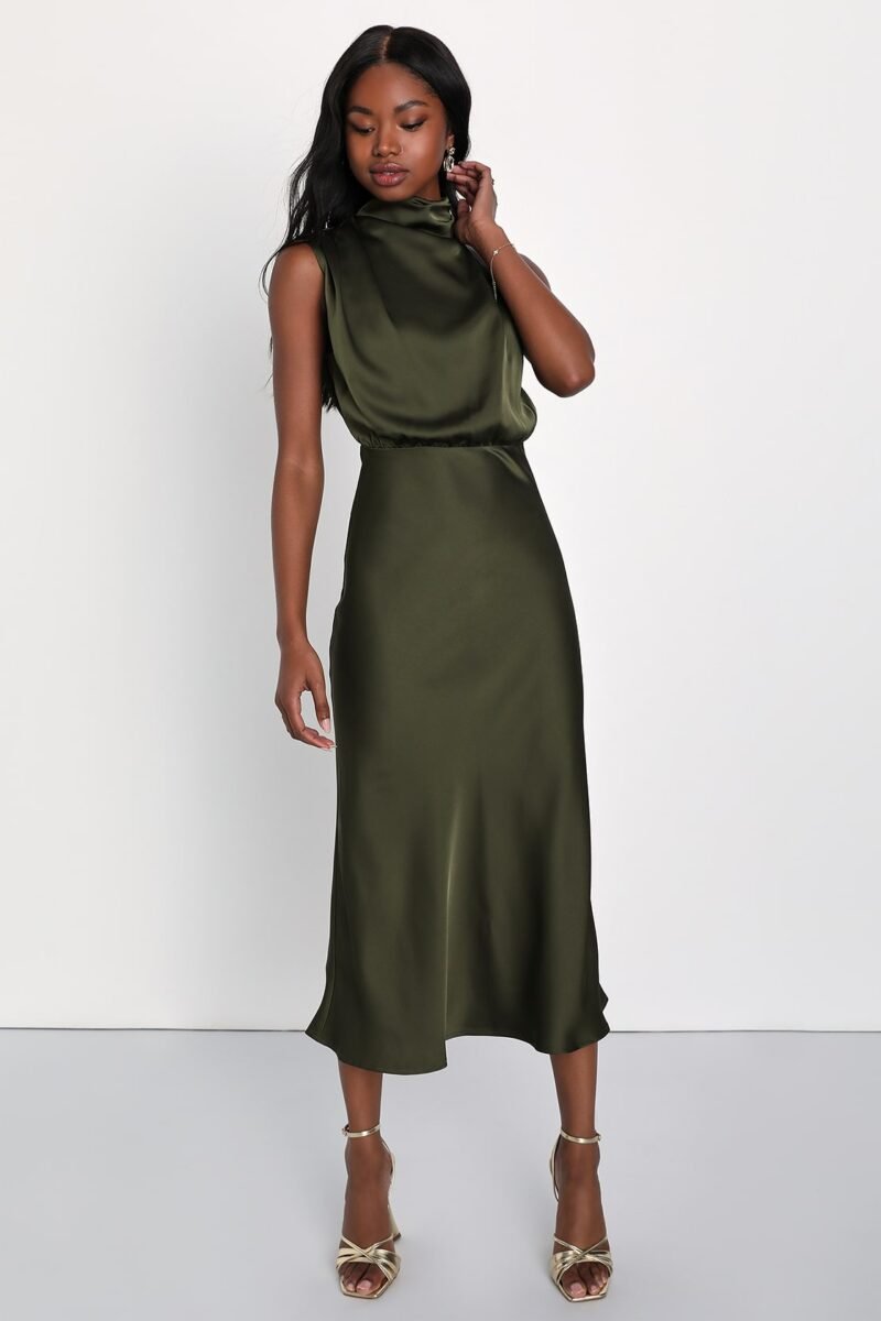 Distinctive Charm Olive Green Satin Asymmetrical Midi Dress — view 1