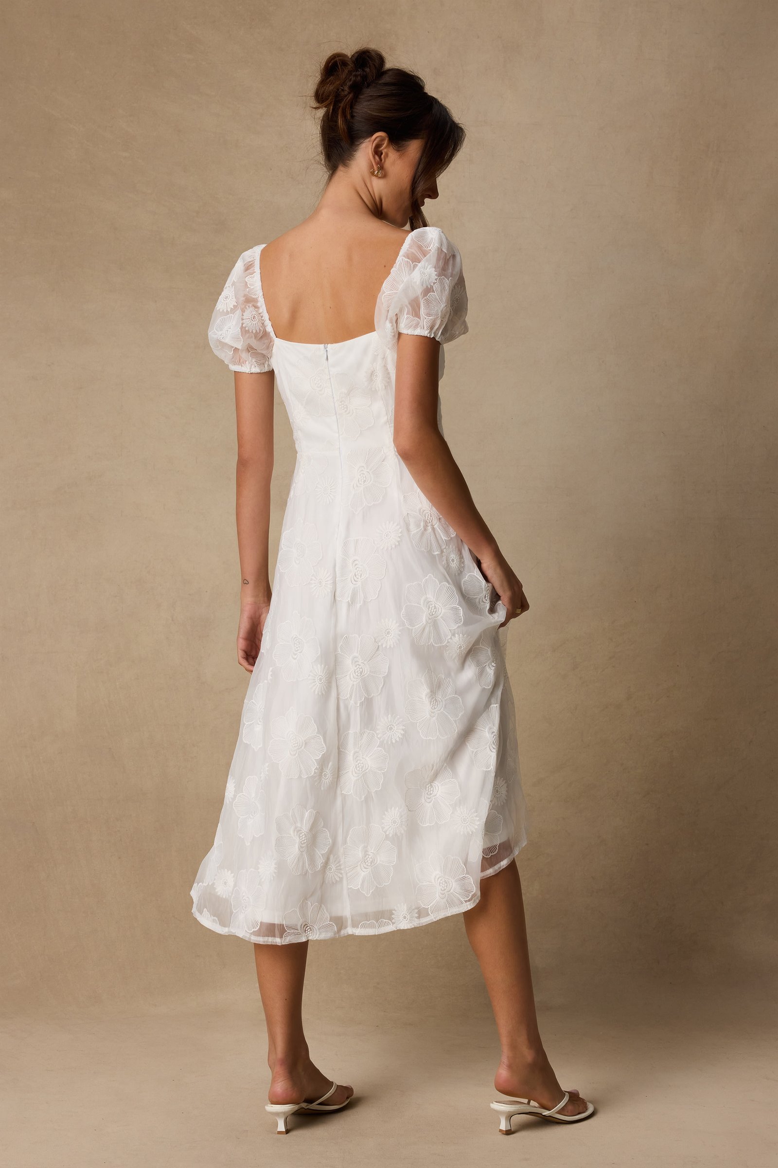 Sweetest Behavior White Embroidered Puff Sleeve Midi Dress — view 3
