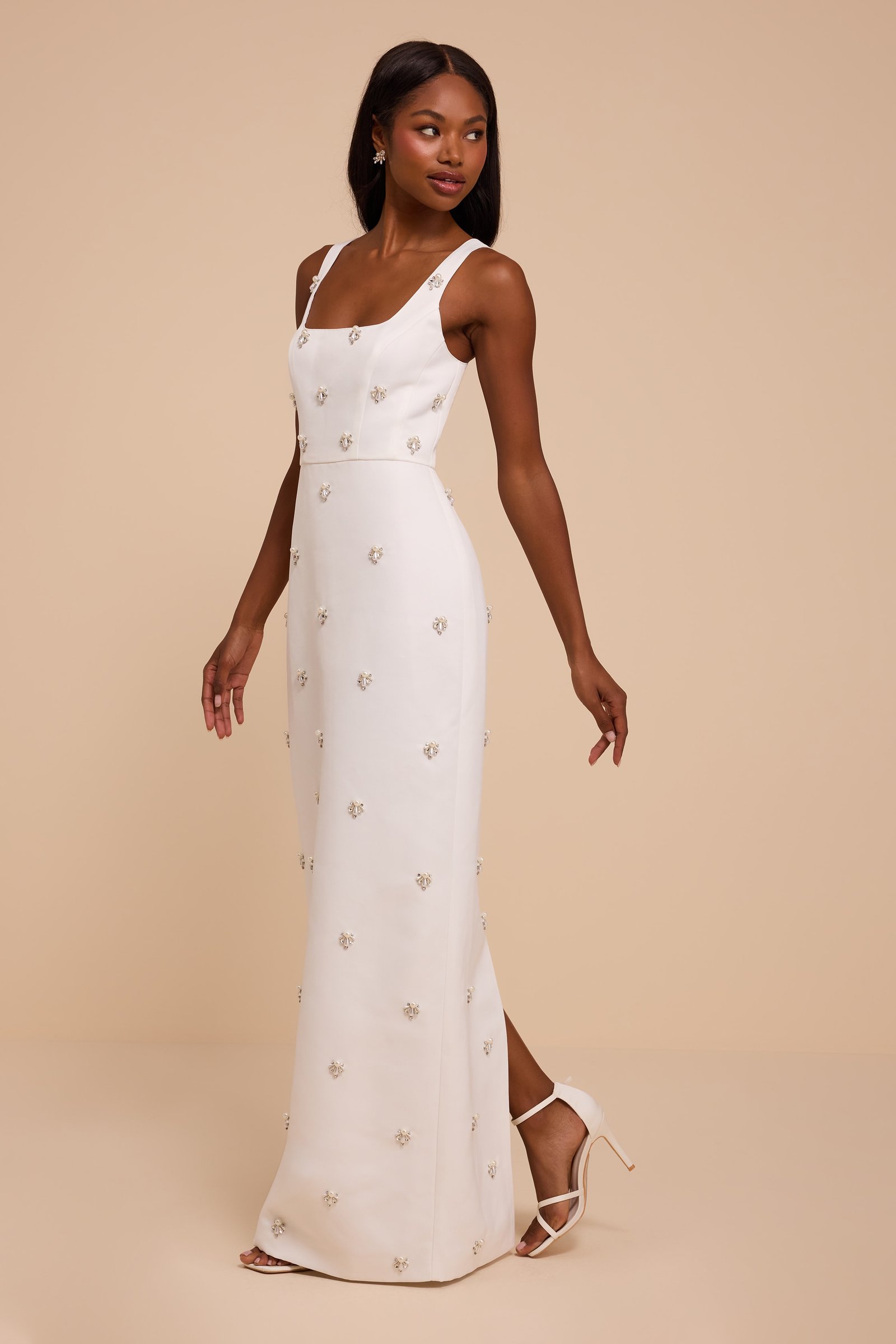 Naveena White Satin Pearl Rhinestone Maxi Dress — view 4