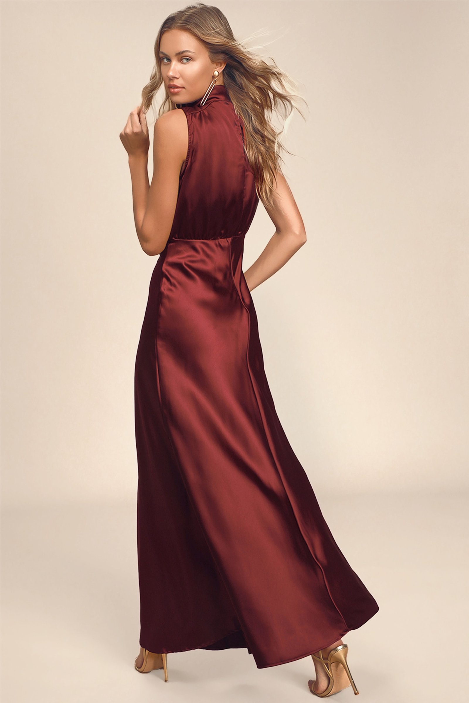 Classic Elegance Wine Satin Maxi Dress — view 2
