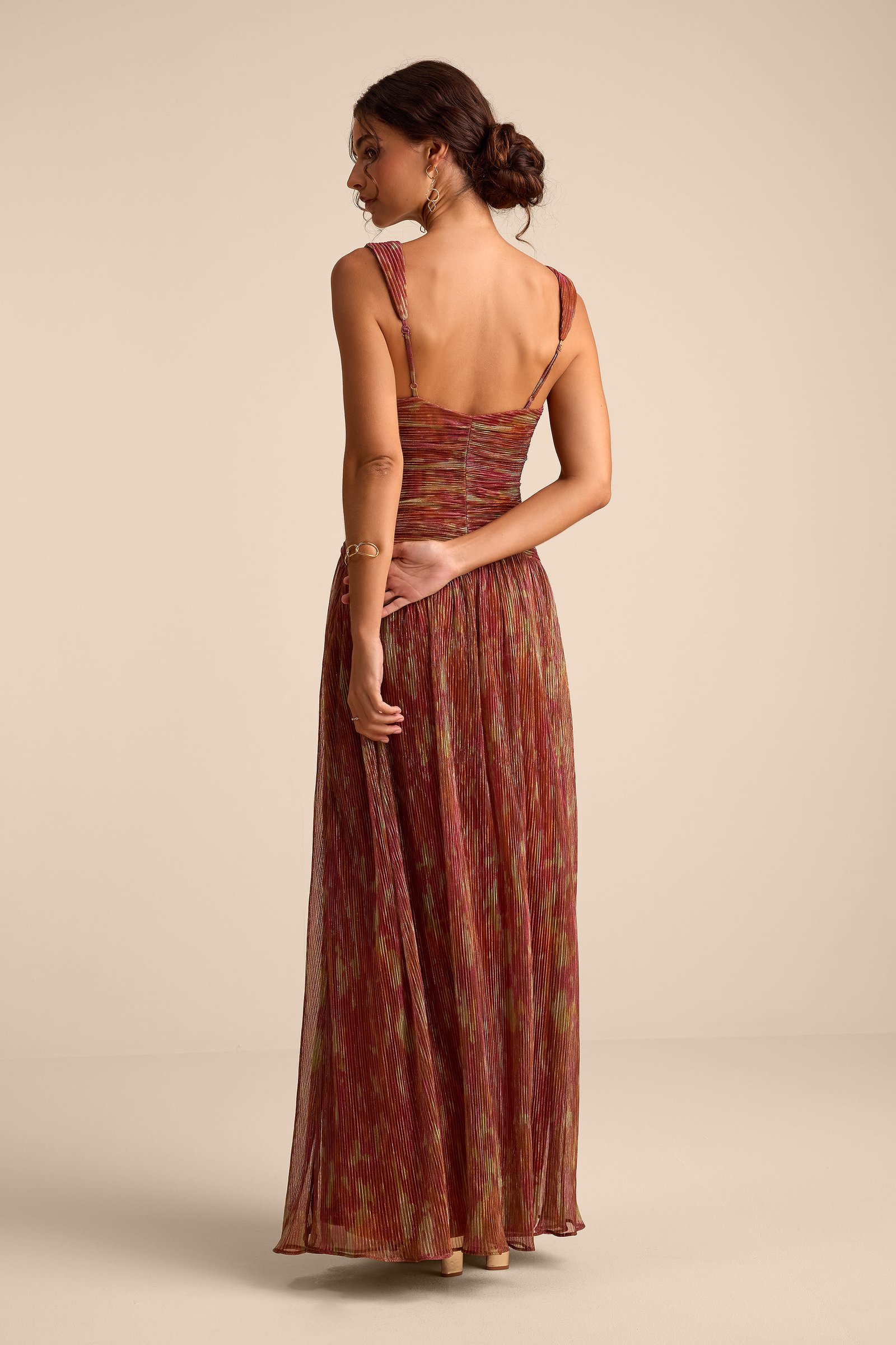 Evaluna Rust Abstract Print Lurex Pleated Maxi Dress — view 3