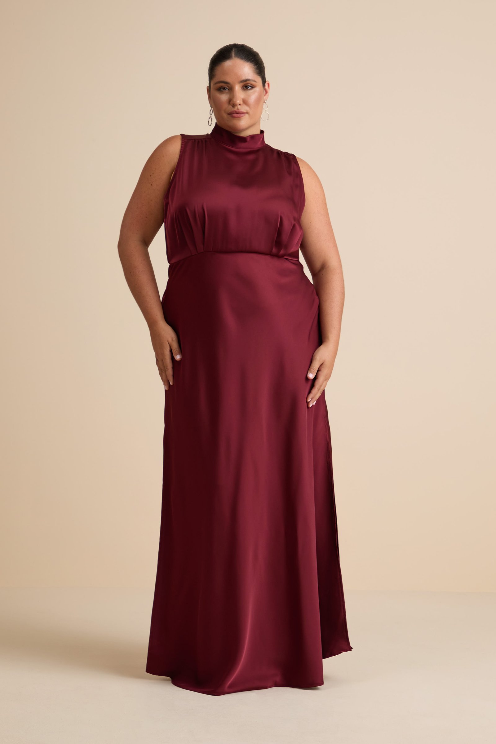 Classic Elegance Wine Satin Maxi Dress — view 5