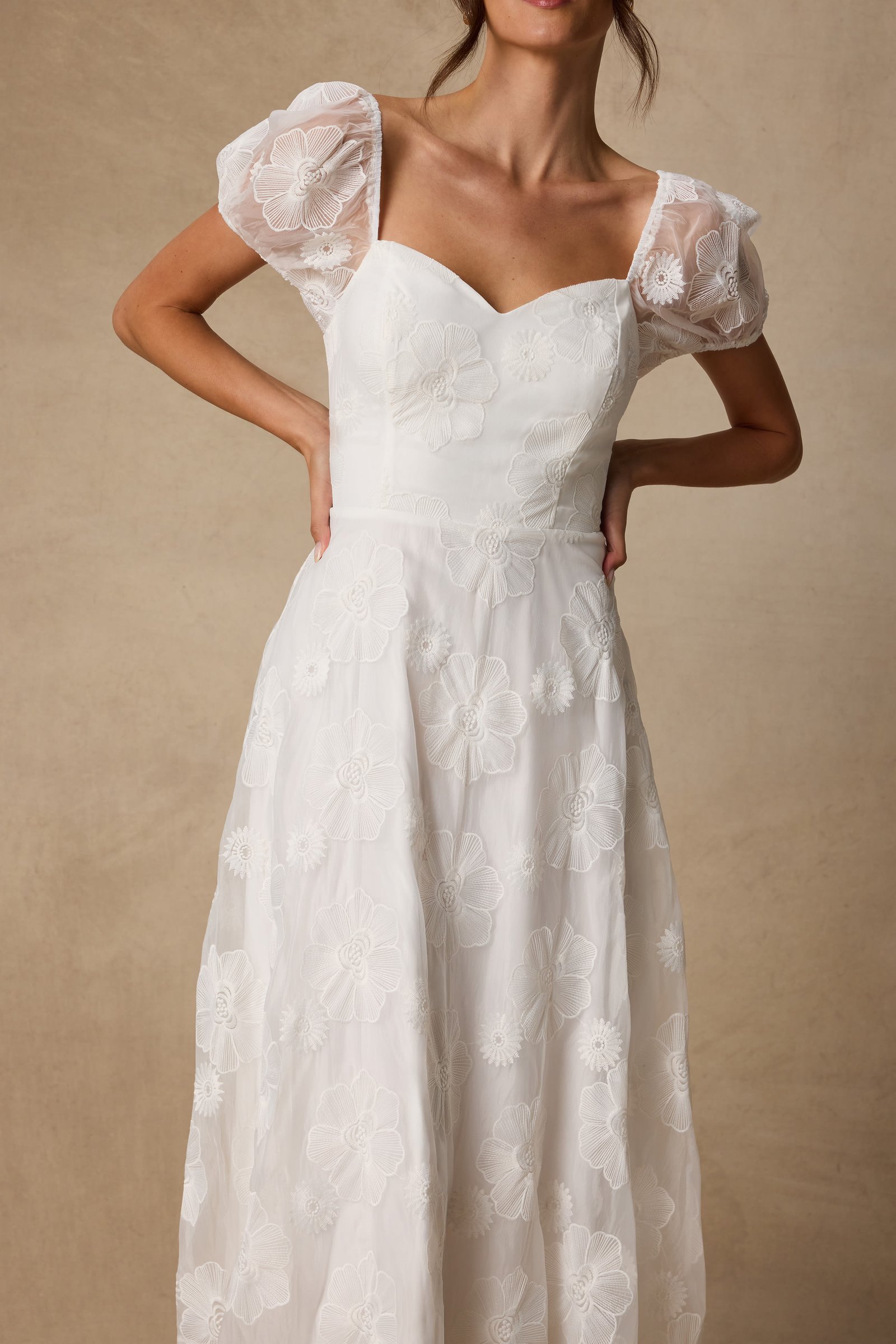 Sweetest Behavior White Embroidered Puff Sleeve Midi Dress — view 5