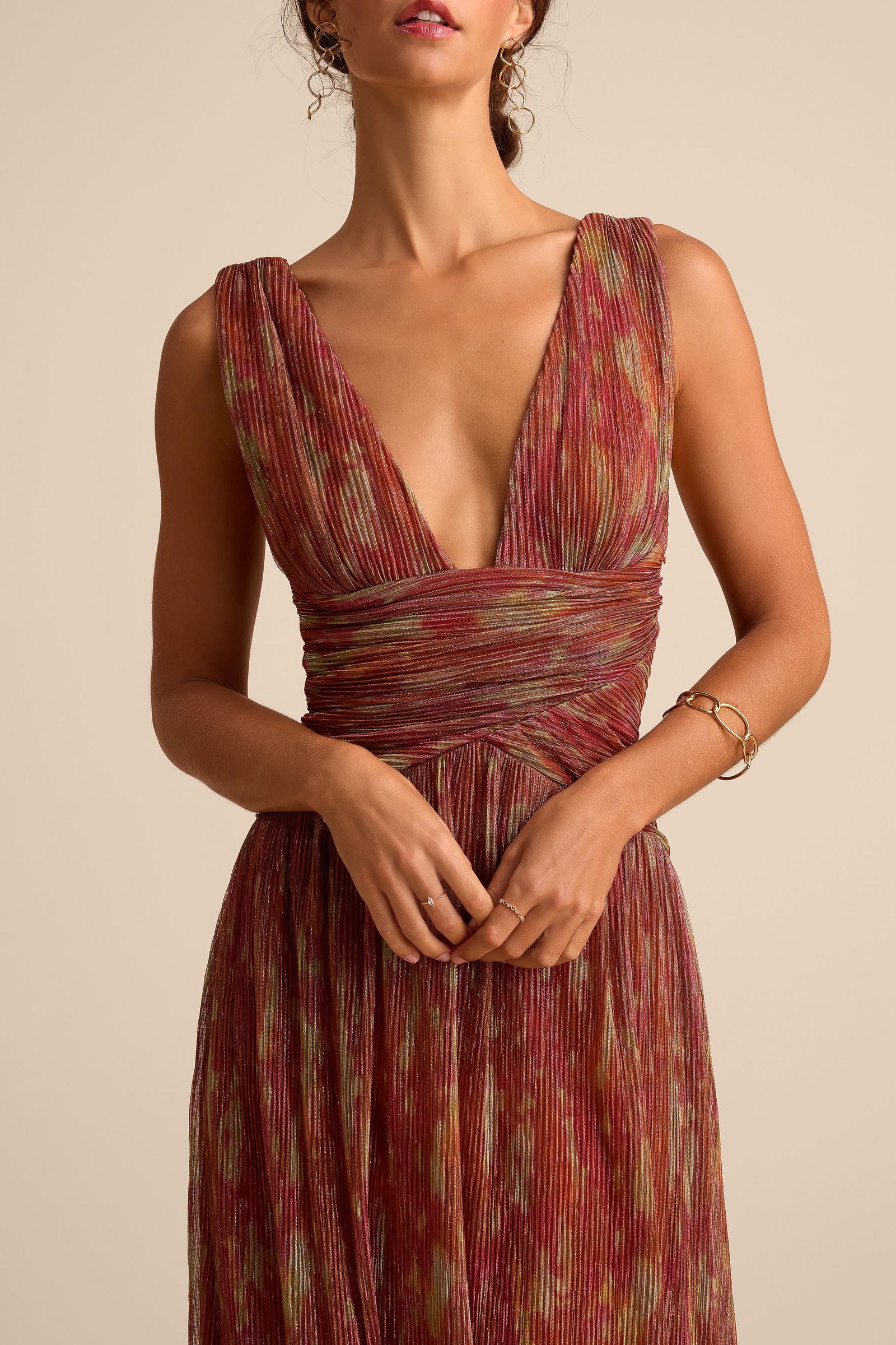 Evaluna Rust Abstract Print Lurex Pleated Maxi Dress — view 5