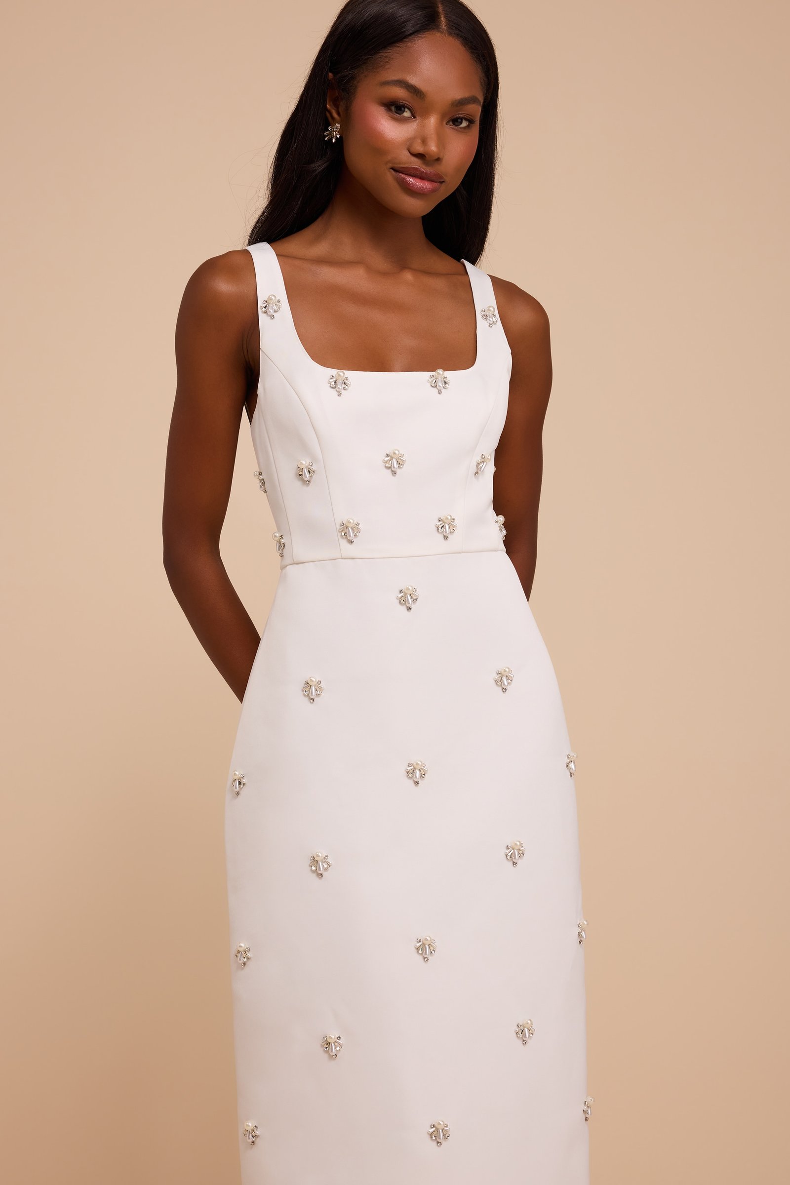 Naveena White Satin Pearl Rhinestone Maxi Dress — view 5