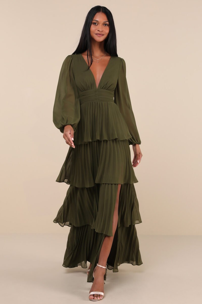Graceful Finesse Olive Green Pleated Long Sleeve Maxi Dress — view 1