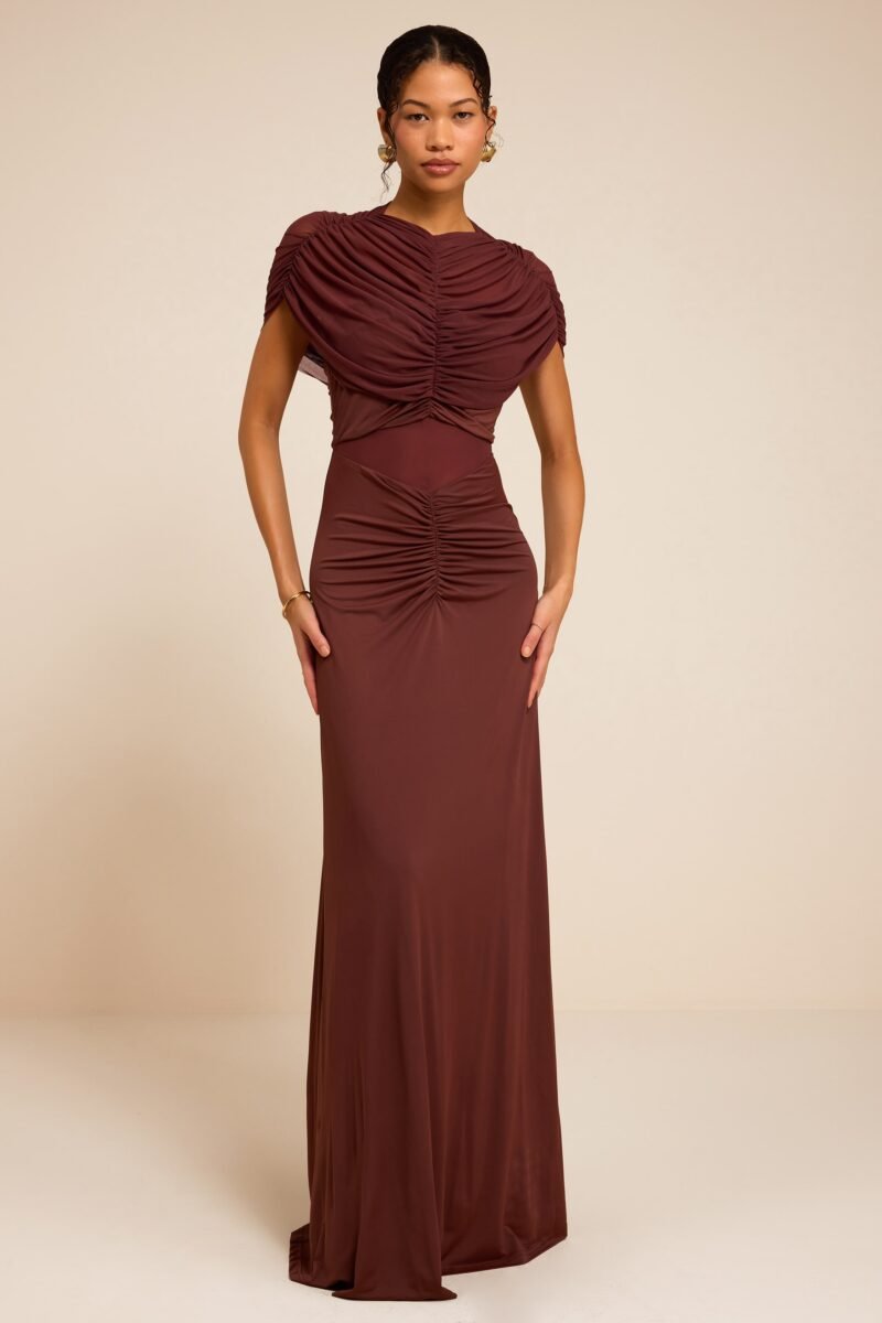 Murielle Rust Brown Mesh Ruched Maxi Dress — view 1