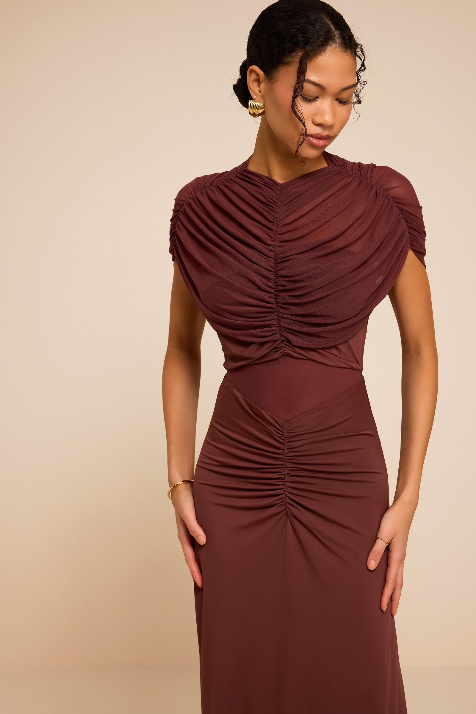 Murielle Rust Brown Mesh Ruched Maxi Dress — view 5