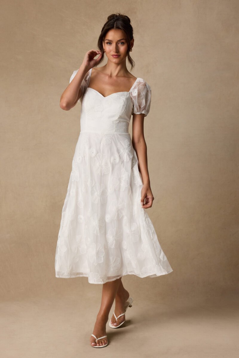 Sweetest Behavior White Embroidered Puff Sleeve Midi Dress — view 1