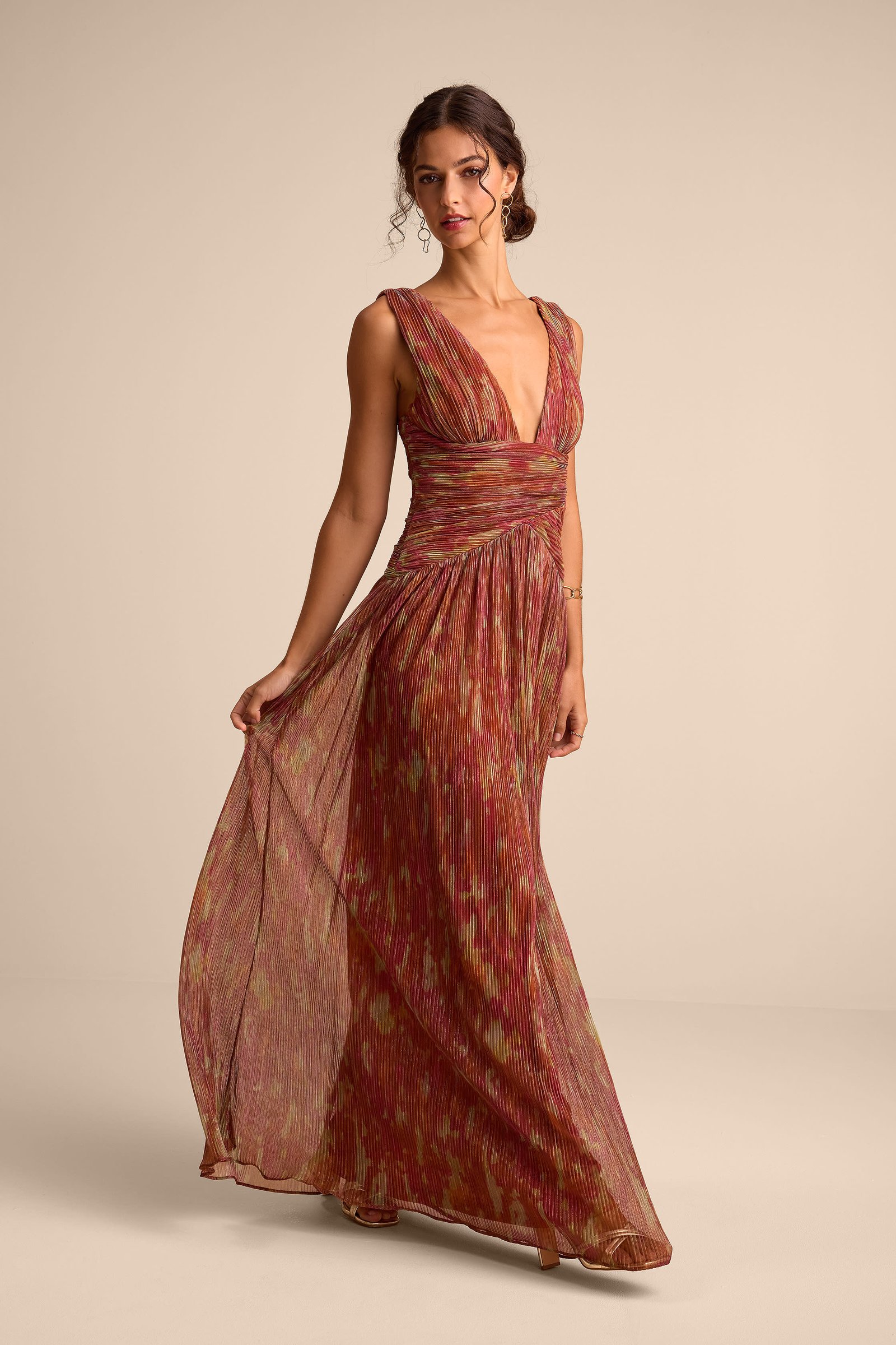 Evaluna Rust Abstract Print Lurex Pleated Maxi Dress — view 4