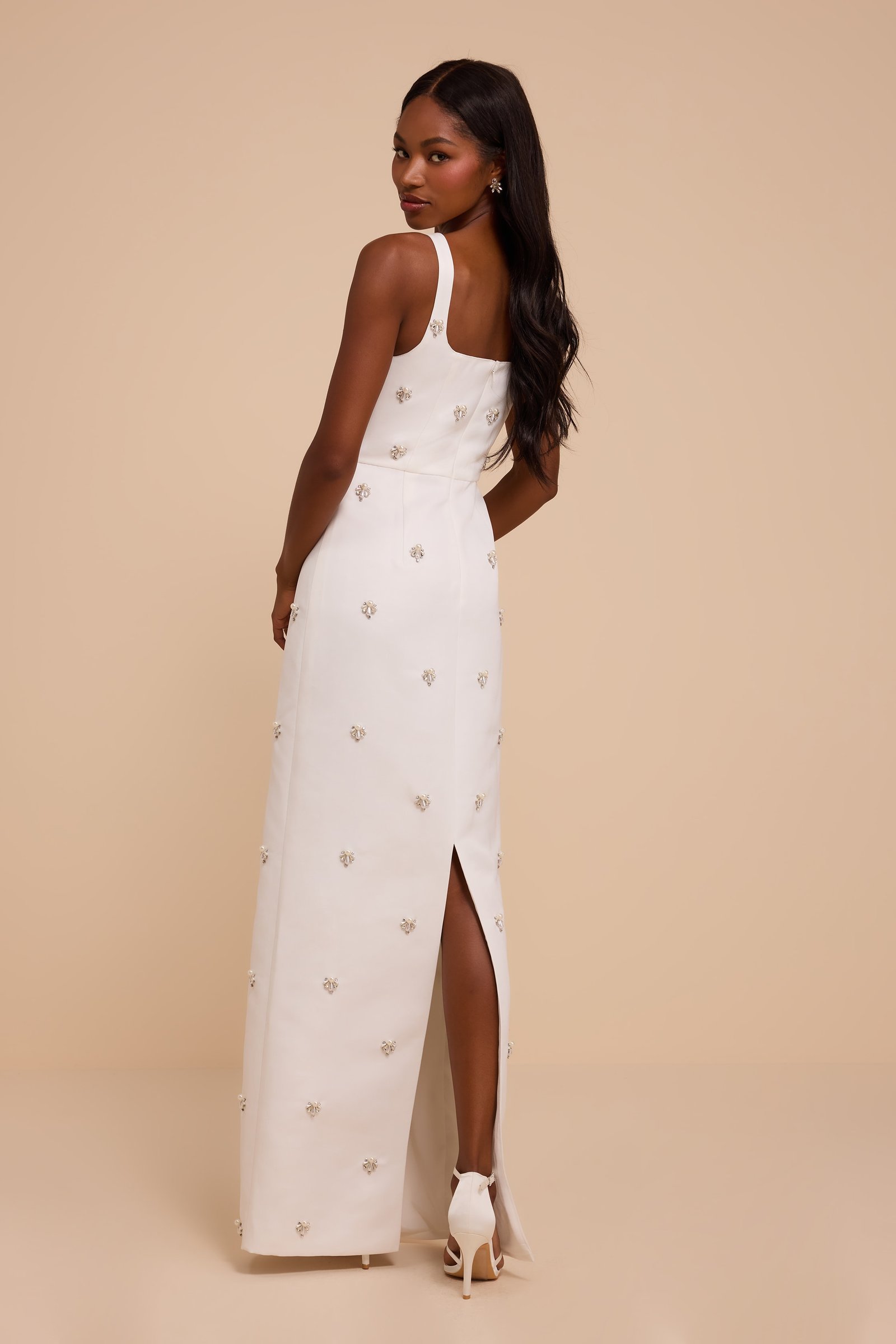Naveena White Satin Pearl Rhinestone Maxi Dress — view 3