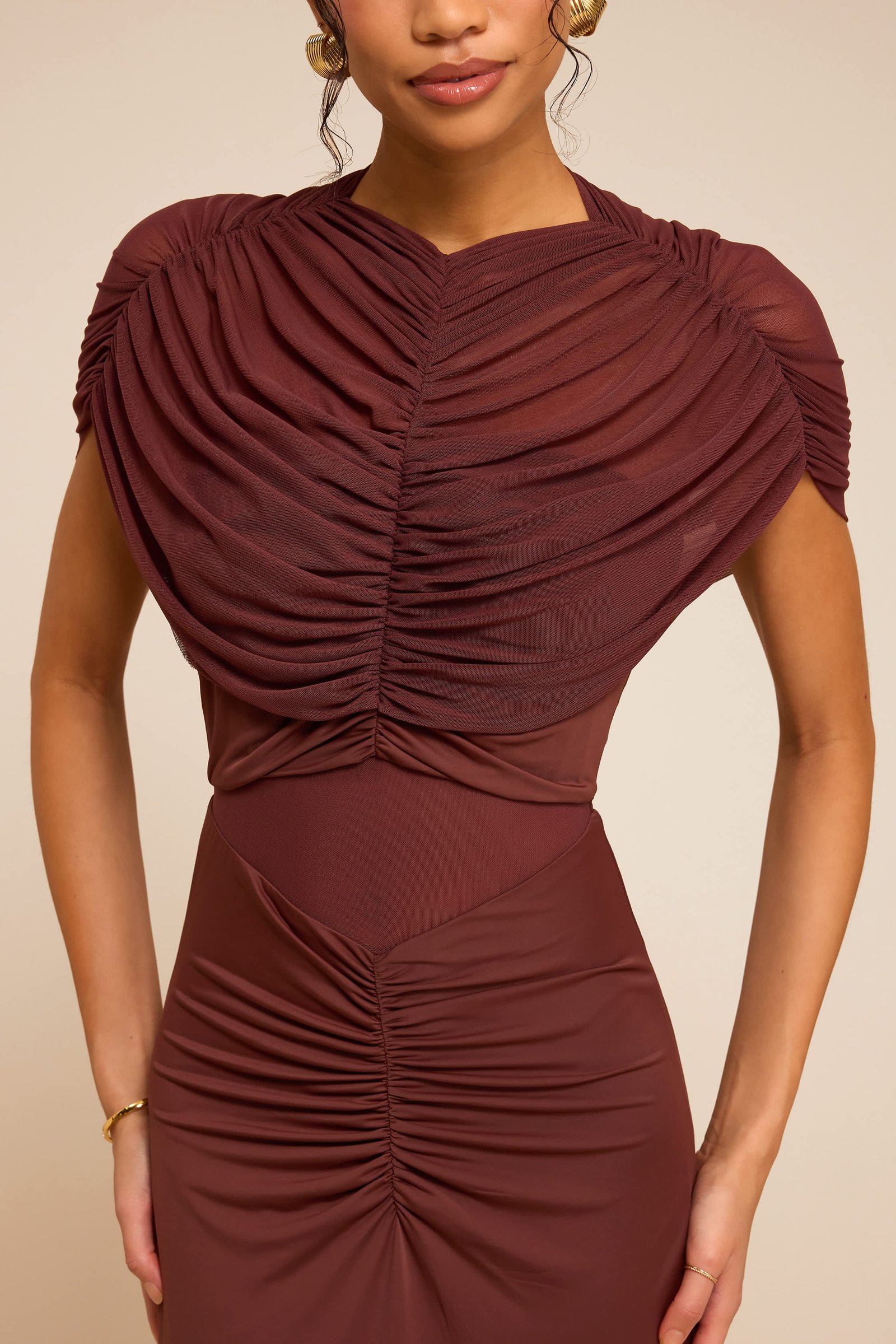 Murielle Rust Brown Mesh Ruched Maxi Dress — view 2