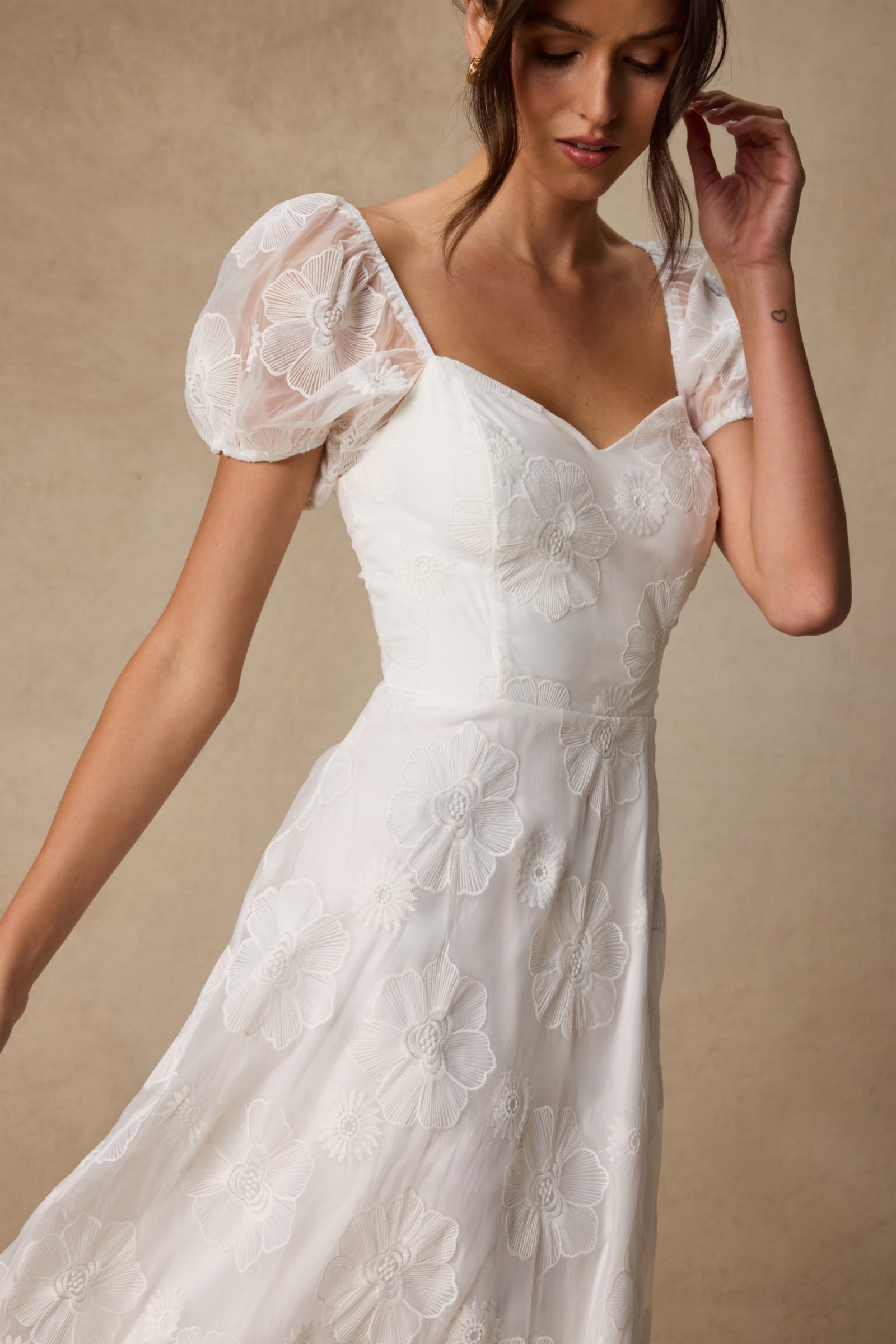 Sweetest Behavior White Embroidered Puff Sleeve Midi Dress — view 2