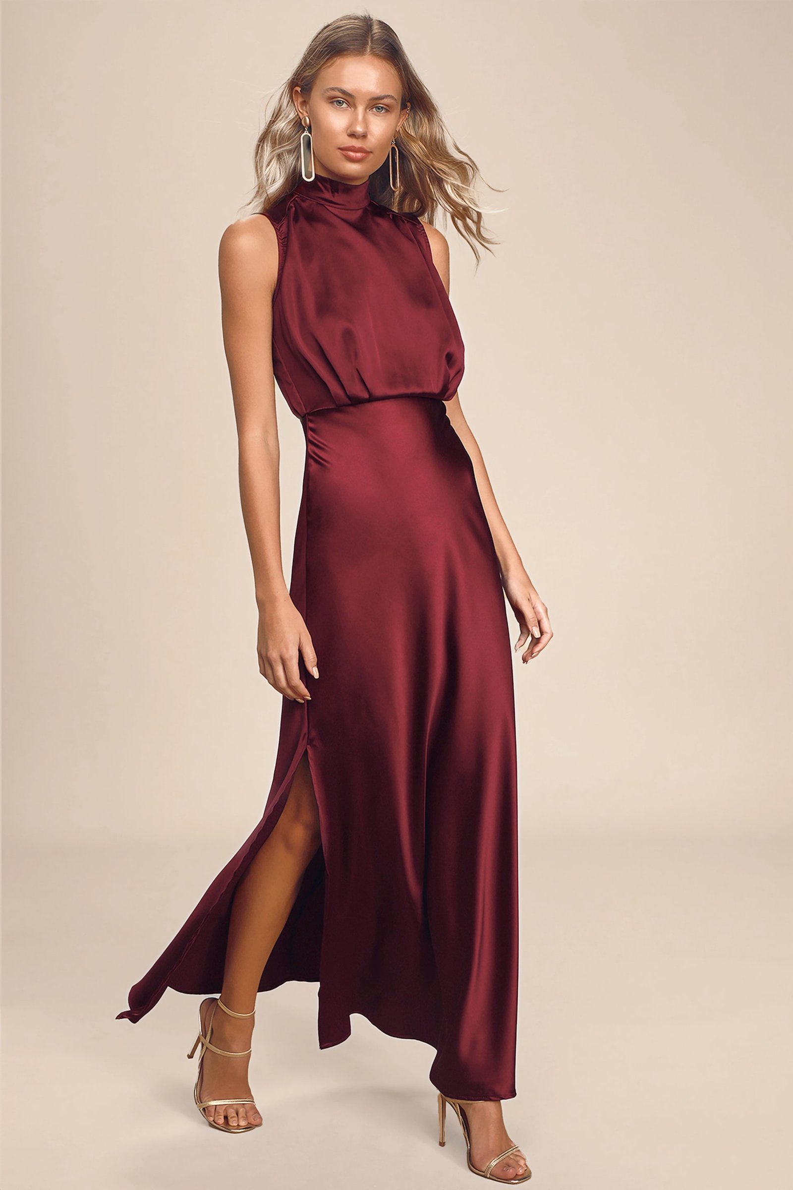 Classic Elegance Wine Satin Maxi Dress — view 3