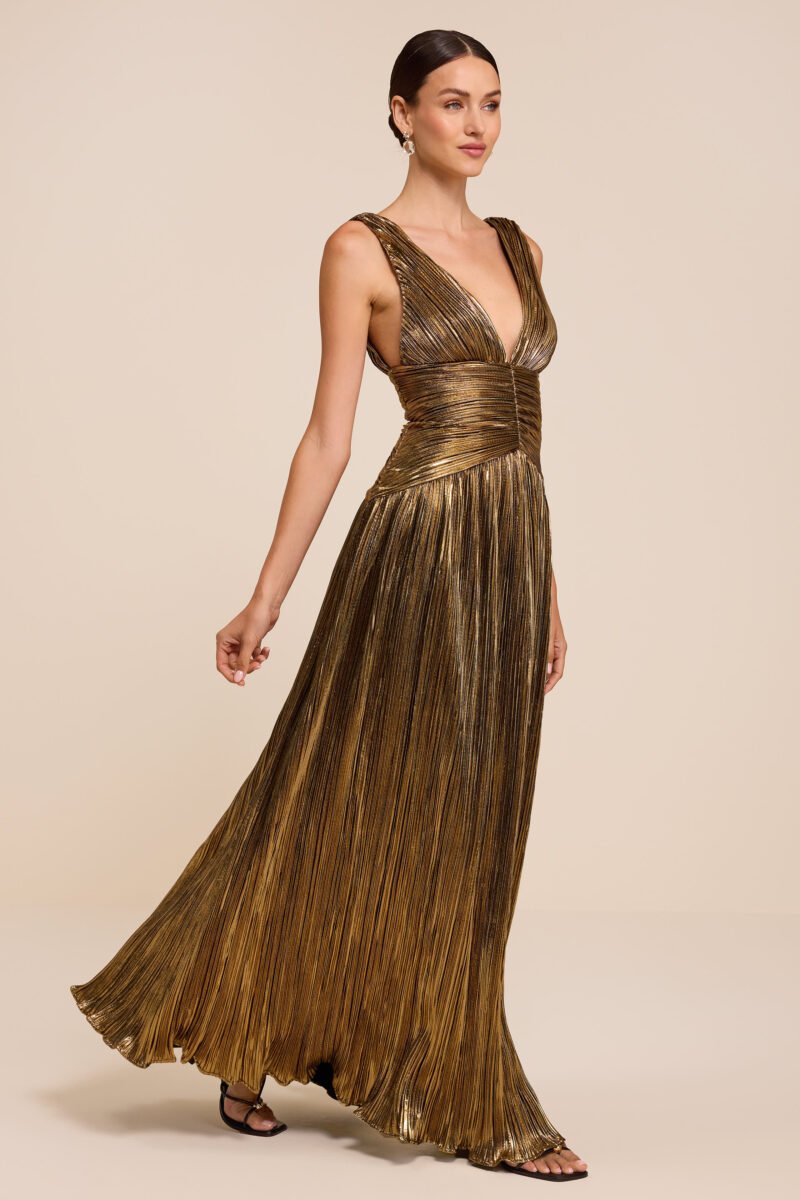 Kelina Gold Pleated Drop Waist Maxi Dress — view 1