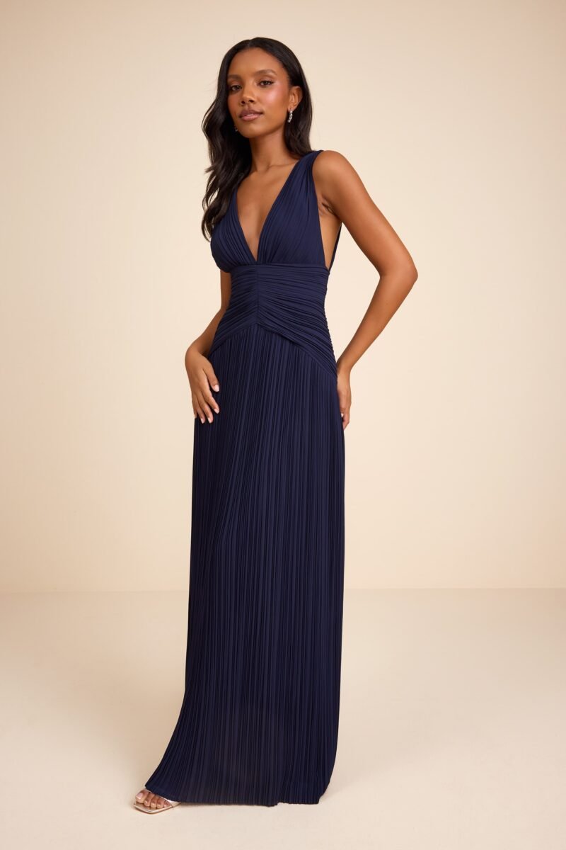 Kelina Navy Blue Pleated Drop Waist Maxi Dress — view 1
