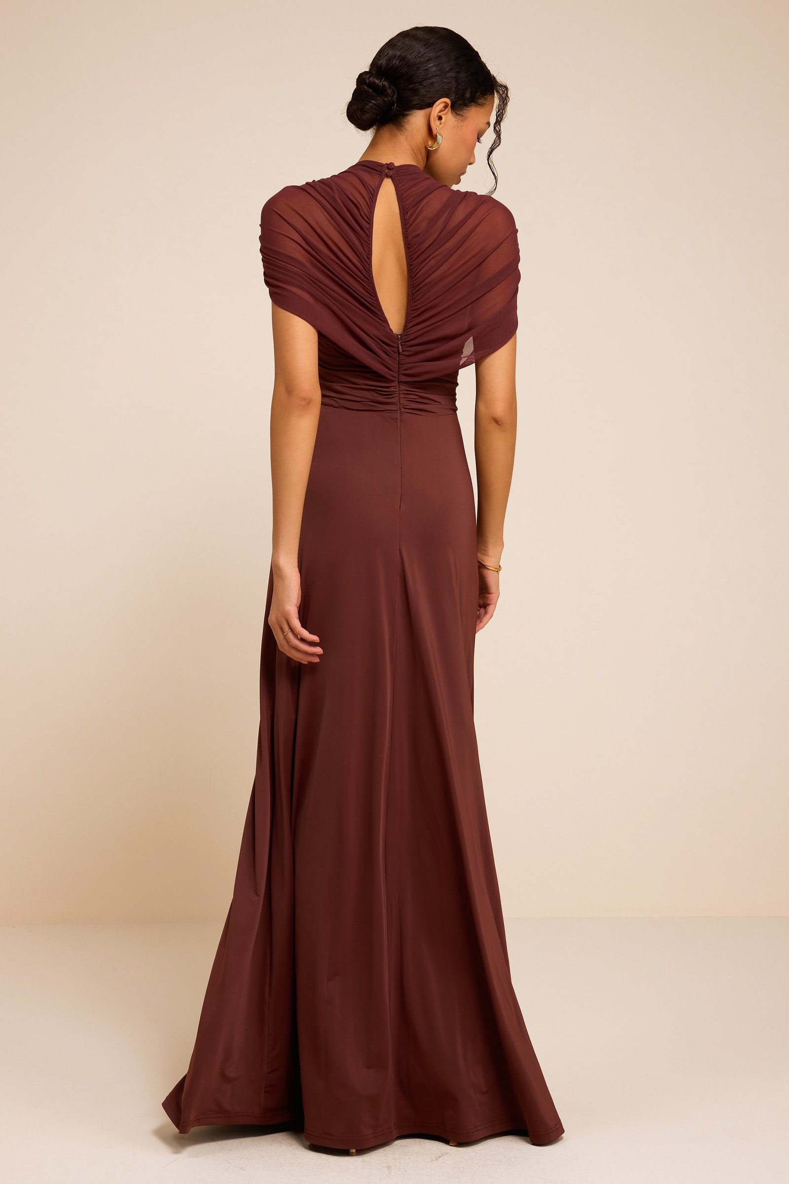 Murielle Rust Brown Mesh Ruched Maxi Dress — view 3