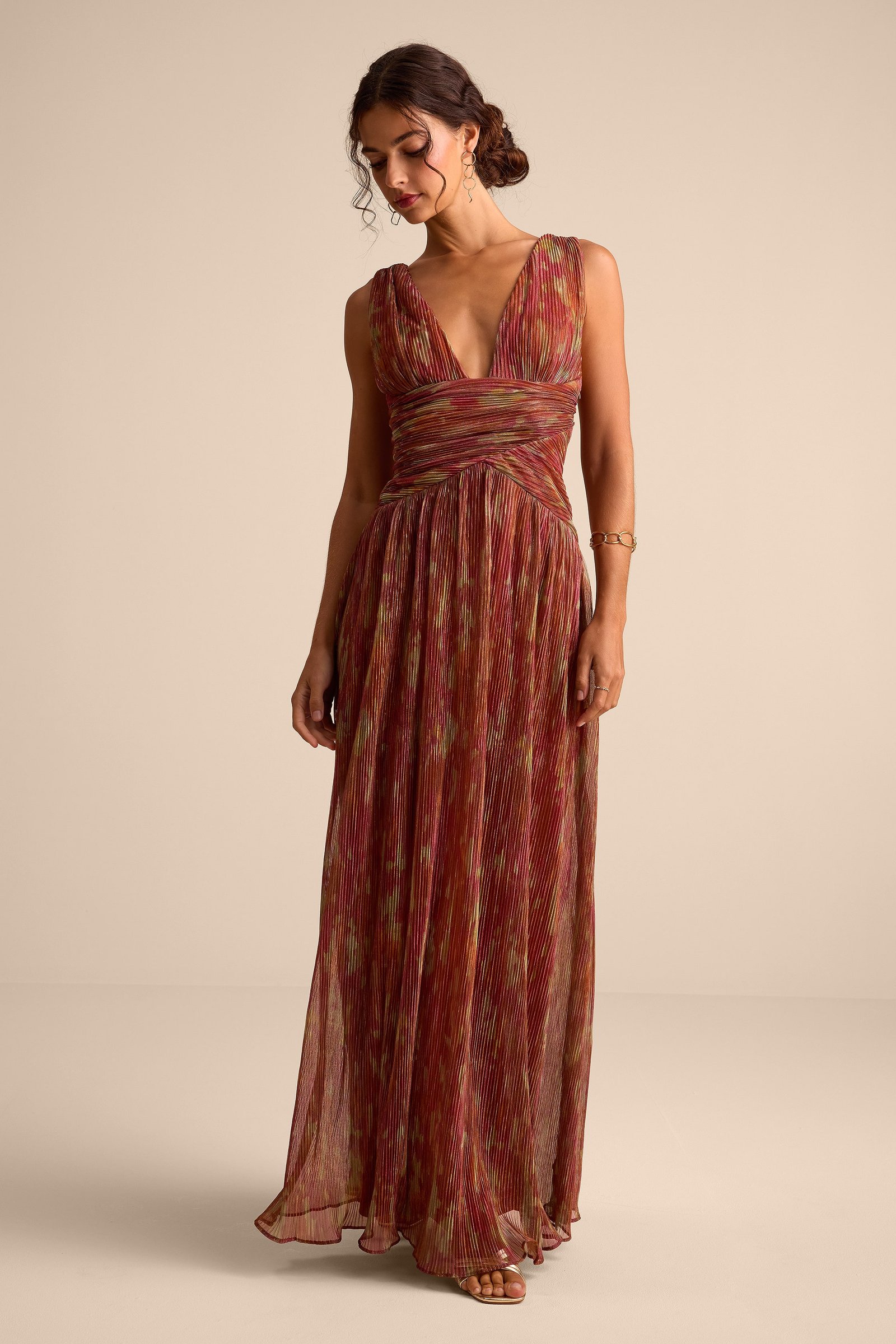 Evaluna Rust Abstract Print Lurex Pleated Maxi Dress — view 1