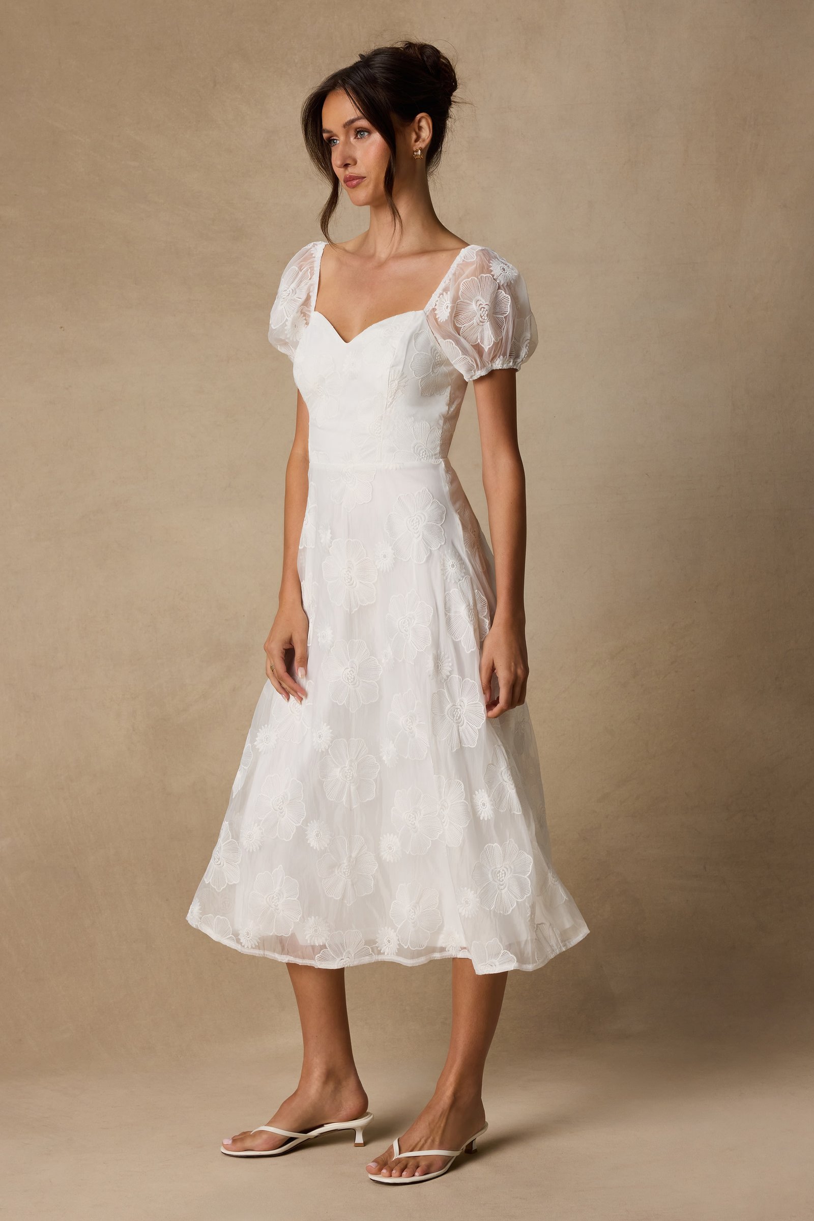 Sweetest Behavior White Embroidered Puff Sleeve Midi Dress — view 4