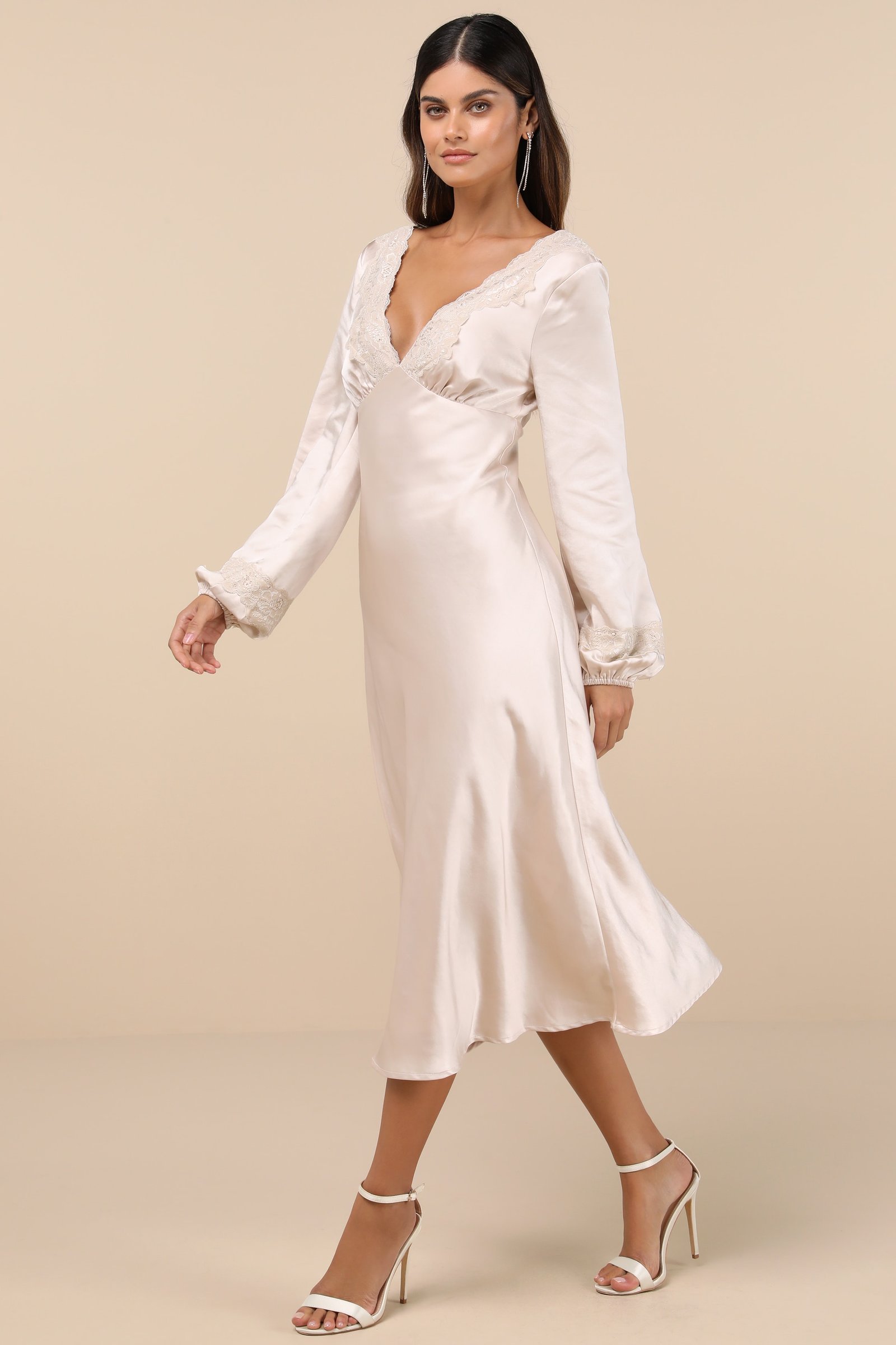 Illustrious Elegance Champagne Satin Long Sleeve Midi Dress — view 4