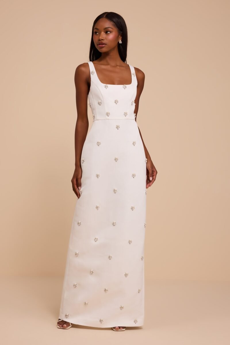 Naveena White Satin Pearl Rhinestone Maxi Dress — view 1