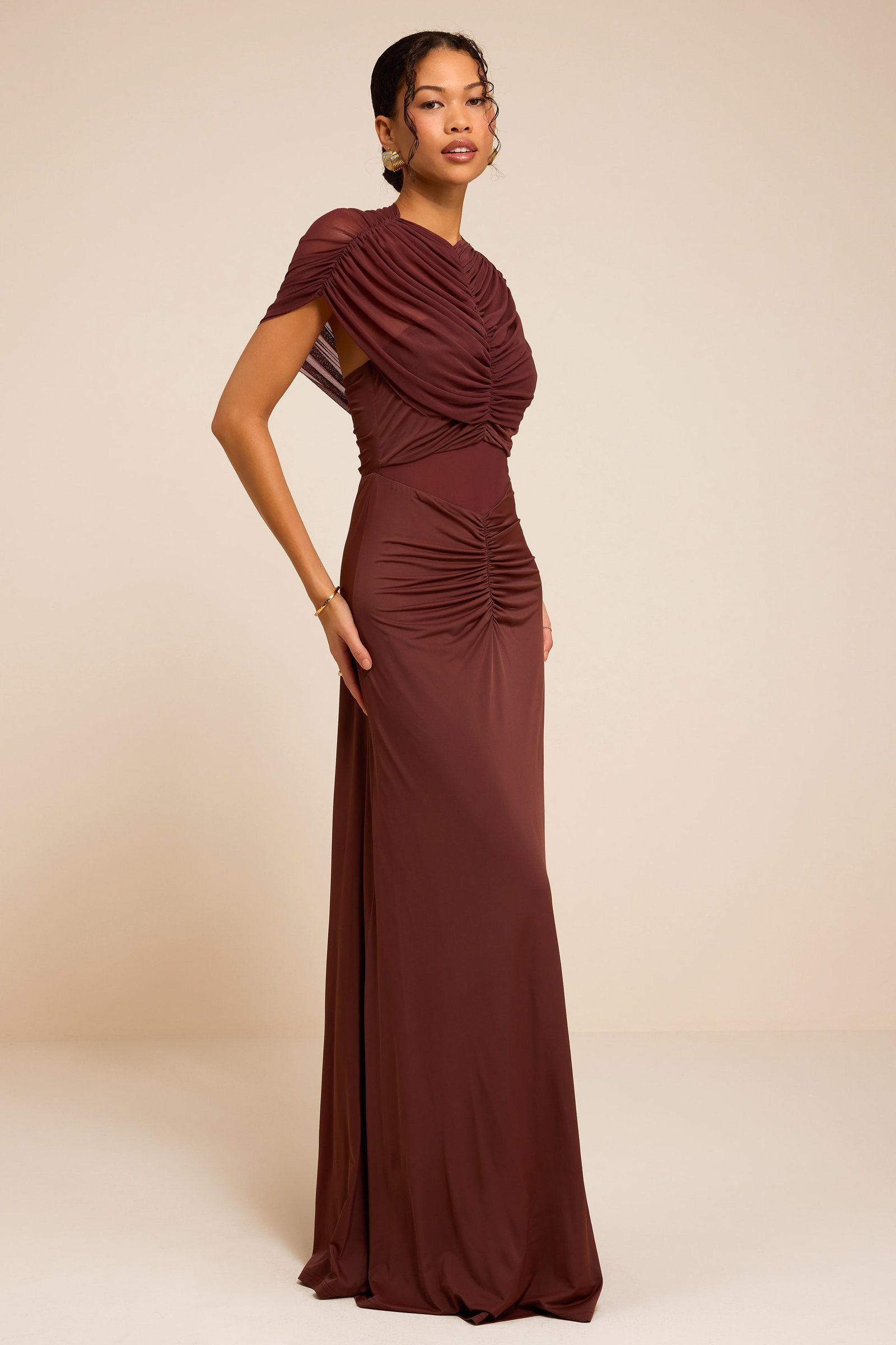 Murielle Rust Brown Mesh Ruched Maxi Dress — view 4