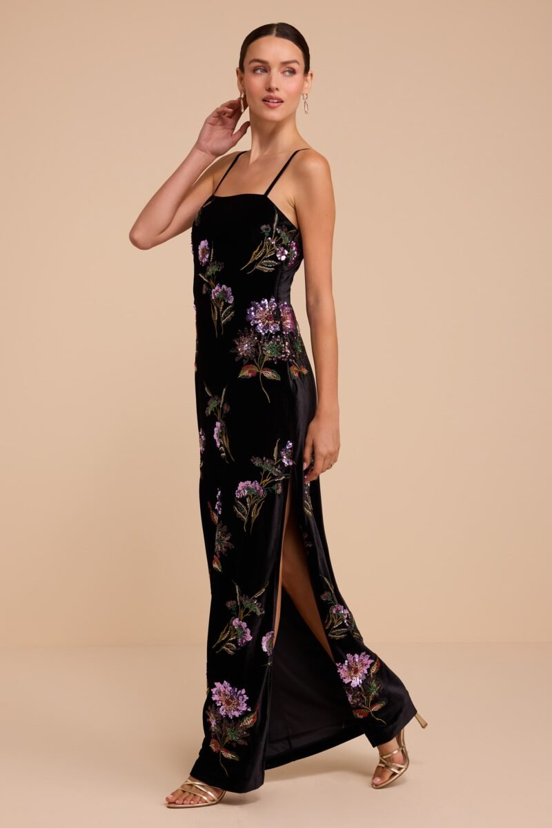 Flannery Black Floral Sequin Velvet Maxi Dress — view 1